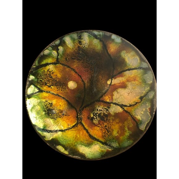 Handcrafted 5" Copper Enamel Dish Abstract Autumn Leaf Design Felted Bottom - Picture 1 of 6